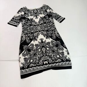 Eliza J Dress Womens 8 Black White Paisley 3/4 Sleeve Floral Jersey Career